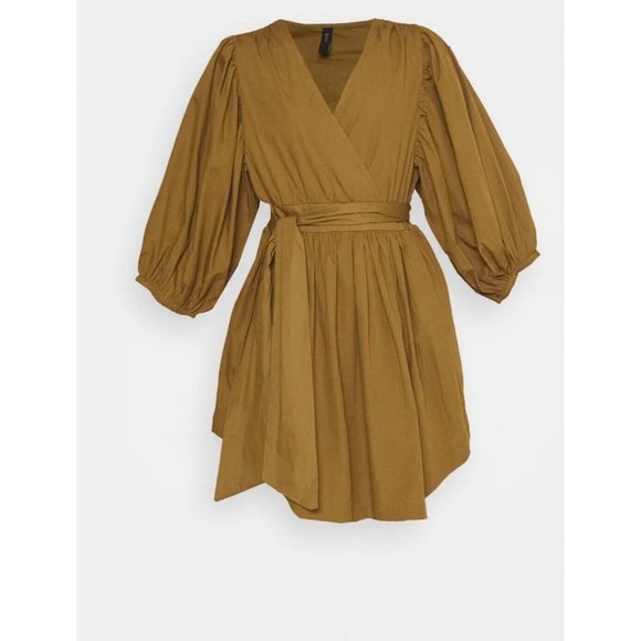 YAS Medium 10 Mustard Long Sleeve Dress RRP $129 Balloon Knee Length Ermi Cotton - Picture 3 of 12